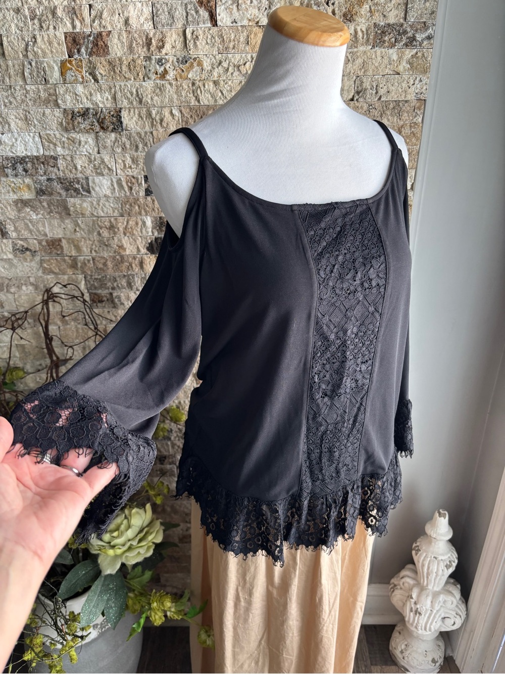 INC International Concepts Black Cold-Shoulder Lace Trim Long Sleeve Top